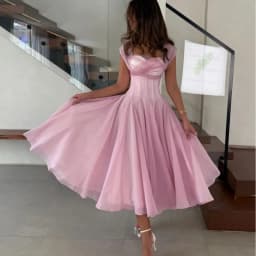 Women's Elegant Tulle Formal Dress Summer Sexy Square Neck Corset Waist A-Line Tea-Length Gown for Wedding Cocktail Party
