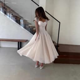 Women's Elegant Tulle Formal Dress Summer Sexy Square Neck Corset Waist A-Line Tea-Length Gown for Wedding Cocktail Party