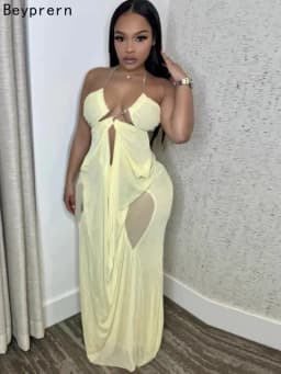 Beyprern Sexy Rhinestone Chain Halter Backless Maxi Dress Women 2026 Summer Cut Out Ruched Club Vestidos Bodycon Long Dresses
