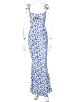 Hugcitar Floral Print Sleeveless Backless Slips Lace Up Maxi Dress Sexy Bodycon Summer Elegant Outfits Holiday Party Wholesale