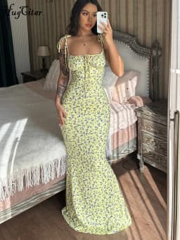 Hugcitar Floral Print Sleeveless Backless Slips Lace Up Maxi Dress Sexy Bodycon Summer Elegant Outfits Holiday Party Wholesale