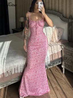 Hugcitar Floral Print Sleeveless Backless Slips Lace Up Maxi Dress Sexy Bodycon Summer Elegant Outfits Holiday Party Wholesale