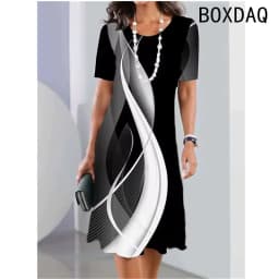Vintage Elegant Women Dress Summer Short Sleeve O-Neck Casual A-Line Dress Black White Gradient 3D Digital Printing Dress