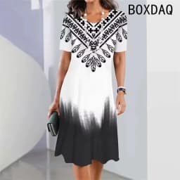 Vintage Elegant Women Dress Summer Short Sleeve O-Neck Casual A-Line Dress Black White Gradient 3D Digital Printing Dress