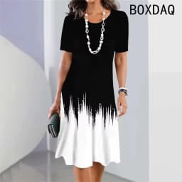 Vintage Elegant Women Dress Summer Short Sleeve O-Neck Casual A-Line Dress Black White Gradient 3D Digital Printing Dress