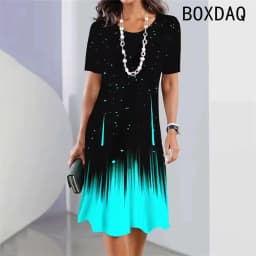 Vintage Elegant Women Dress Summer Short Sleeve O-Neck Casual A-Line Dress Black White Gradient 3D Digital Printing Dress