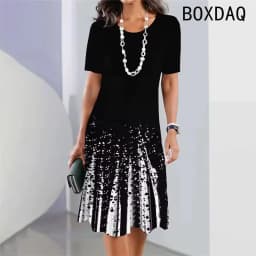 Vintage Elegant Women Dress Summer Short Sleeve O-Neck Casual A-Line Dress Black White Gradient 3D Digital Printing Dress