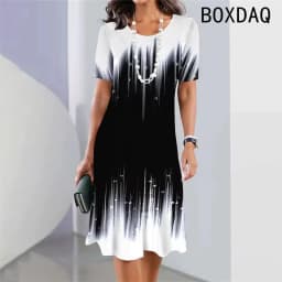 Vintage Elegant Women Dress Summer Short Sleeve O-Neck Casual A-Line Dress Black White Gradient 3D Digital Printing Dress