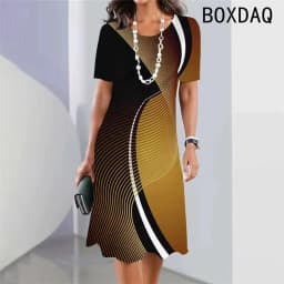 Vintage Elegant Women Dress Summer Short Sleeve O-Neck Casual A-Line Dress Black White Gradient 3D Digital Printing Dress