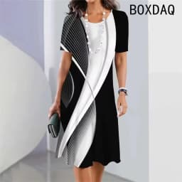Vintage Elegant Women Dress Summer Short Sleeve O-Neck Casual A-Line Dress Black White Gradient 3D Digital Printing Dress