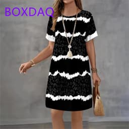 Geometric Stripe Printing Dress For Women Summer Sundress Loose Casual Short Sleeve O-Neck A-Line Dress Women Beach Mini Dresses