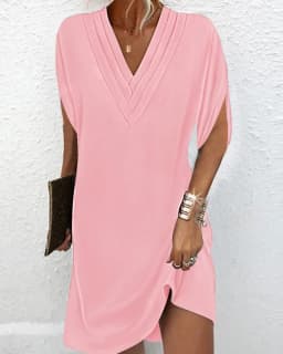 Women Elegant Multi-layered V Neck Pullover Dresses Summer Batwing Half Sleeve Dress New Female Solid Color Commuter Casual Gown