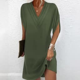 Women Elegant Multi-layered V Neck Pullover Dresses Summer Batwing Half Sleeve Dress New Female Solid Color Commuter Casual Gown