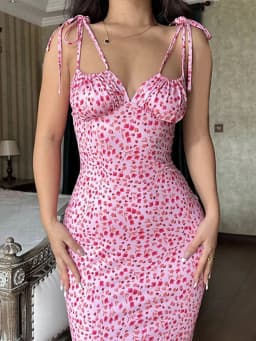 2025 Summer Floral Midi Dress Women Spaghetti Strap Tie-up V-neck Split Dress Sexy Vintage Elegant Dresses Female