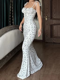 2025 Summer Floral Midi Dress Women Spaghetti Strap Tie-up V-neck Split Dress Sexy Vintage Elegant Dresses Female