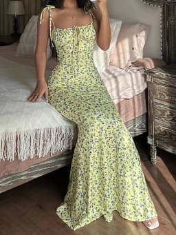 2025 Summer Floral Midi Dress Women Spaghetti Strap Tie-up V-neck Split Dress Sexy Vintage Elegant Dresses Female