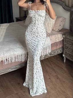 2025 Summer Floral Midi Dress Women Spaghetti Strap Tie-up V-neck Split Dress Sexy Vintage Elegant Dresses Female