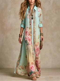 Elegant Shirt Dress for Women Chiffon Digital Print Turndown Collar Single-breasted Dresses Flowy Casual Boho Summer Clothing