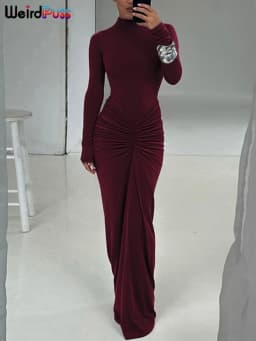Weird Puss Hipster Ruched Dress Women O-Neck Full Sleeve Skinny Stretch Robe Autumn Trend Simple Classic Pleats Long Bodycon