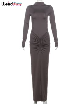Weird Puss Hipster Ruched Dress Women O-Neck Full Sleeve Skinny Stretch Robe Autumn Trend Simple Classic Pleats Long Bodycon