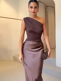 Elegant One-Shoulder Patchwork Satin Maxi Dress Women Sleeveless Ruched Slim Long Dresses 2026 Wedding Guest Evening Party Robes