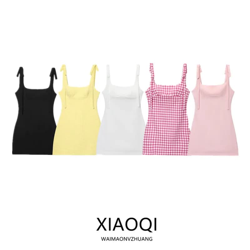Summer 2025 Women's Short Slim Fit Dress with Strap Knot Elasticity New Arrival Fairy Skirt Style Casual Leisure