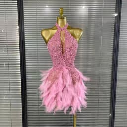 Shining Beading Women Sexy Halter Backless Feathers Bodycon Mini Dress Nightclub Party Celebrate Birthday Photoshoot Outfit