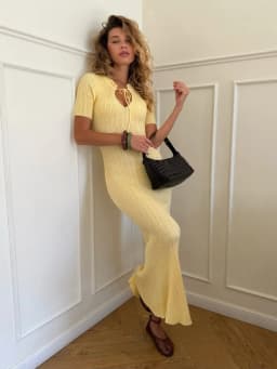 Tossy Knit Hollow Out Lace-Up Dress Female Ribbed Short Sleeve Patchwork High Waist Elegant Long Dress Women's Knitwear Dress