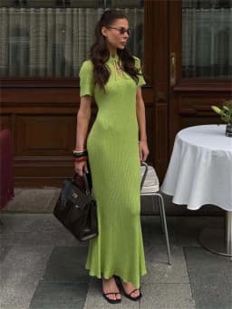 Tossy Knit Hollow Out Lace-Up Dress Female Ribbed Short Sleeve Patchwork High Waist Elegant Long Dress Women's Knitwear Dress