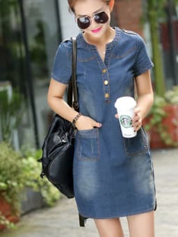 2025 New arrival summer women denim dresses short sleeves loose A word dresses v-neck solid denim dresses