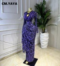 CM.YAYA Women Striped Print Ribbon Ruched Long Sleeve Bodycon Maxi Long Dress 2026 Sexy Birthday Party Education Trendy Dresses