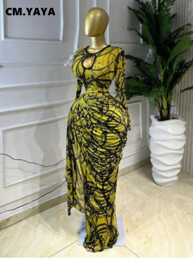 CM.YAYA Women Striped Print Ribbon Ruched Long Sleeve Bodycon Maxi Long Dress 2026 Sexy Birthday Party Education Trendy Dresses
