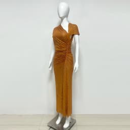Summer 2025 Women's New Orange Short Sleeve Slim Fit Pleated Shiny Long Dress Elegant Fashionable Evening Party Dress