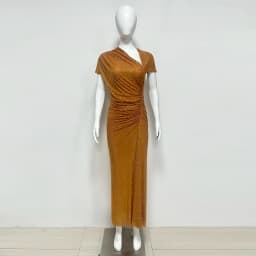 Summer 2025 Women's New Orange Short Sleeve Slim Fit Pleated Shiny Long Dress Elegant Fashionable Evening Party Dress