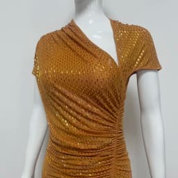 Summer 2025 Women's New Orange Short Sleeve Slim Fit Pleated Shiny Long Dress Elegant Fashionable Evening Party Dress