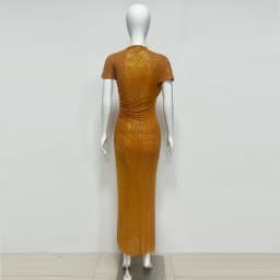 Summer 2025 Women's New Orange Short Sleeve Slim Fit Pleated Shiny Long Dress Elegant Fashionable Evening Party Dress