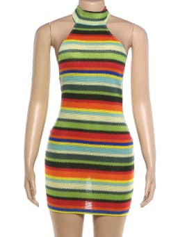 Kliou Stripe Patchwork Mini Dress Woman Bandage Halter Off Shoulder Backless Skinny Peach Hip Hot Girls Street Fashion Bodycon