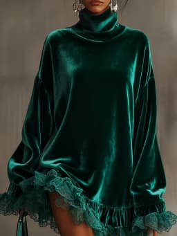 Luxury Turtleneck Solid Velvet Evening Dress Women Sexy Patchwork Lace Long Sleeve Ruffle Autumn Loose Banquet Party Dress