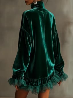 Luxury Turtleneck Solid Velvet Evening Dress Women Sexy Patchwork Lace Long Sleeve Ruffle Autumn Loose Banquet Party Dress
