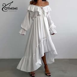 Oymimi Elegant White Ruffled Dresses 2025 Woman Fashion V-Neck Lace-Up Long Sleeve Dresses Casual High Waist Floor-Length Dress