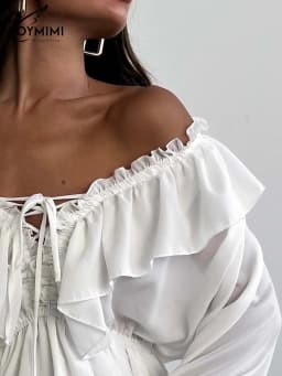 Oymimi Elegant White Ruffled Dresses 2025 Woman Fashion V-Neck Lace-Up Long Sleeve Dresses Casual High Waist Floor-Length Dress
