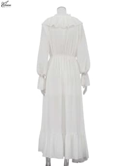 Oymimi Elegant White Ruffled Dresses 2025 Woman Fashion V-Neck Lace-Up Long Sleeve Dresses Casual High Waist Floor-Length Dress