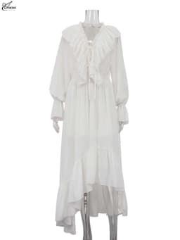 Oymimi Elegant White Ruffled Dresses 2025 Woman Fashion V-Neck Lace-Up Long Sleeve Dresses Casual High Waist Floor-Length Dress