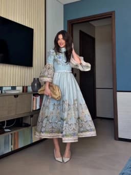 Lace Printed Women's Dress Elegant Half High Collar Loose Sleeve Single Breasted Belt Female Skirt 2026 Summer Lady Draped Robe
