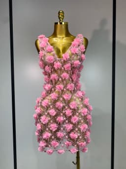 Women Luxury Pink Flowers Pearls Lace See Through Bodycon Mini Dress Birthday Photoshoot Evening Party Nightclub Stage Costume