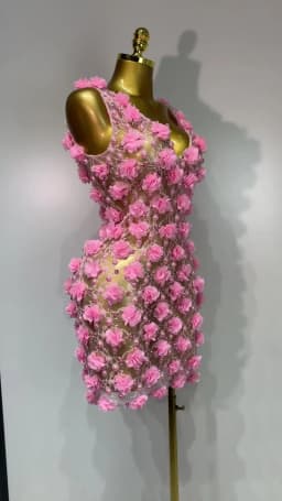 Women Luxury Pink Flowers Pearls Lace See Through Bodycon Mini Dress Birthday Photoshoot Evening Party Nightclub Stage Costume