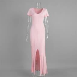 Tsiisd Ribbed Knit Maxi Dress For Women Deep V-Neck Slim High Slit Elegant Patchwork Commute Party Dress Women Knitwear Dress