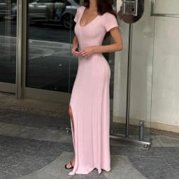Tsiisd Ribbed Knit Maxi Dress For Women Deep V-Neck Slim High Slit Elegant Patchwork Commute Party Dress Women Knitwear Dress