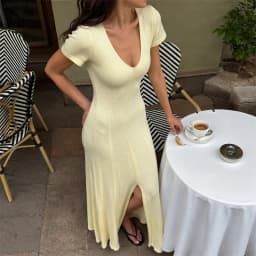 Tsiisd Ribbed Knit Maxi Dress For Women Deep V-Neck Slim High Slit Elegant Patchwork Commute Party Dress Women Knitwear Dress