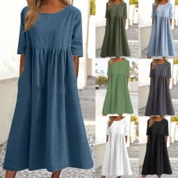 Summer New Large Solid Color Casual Short Sleeve Pocket Fold Loose Round Neck Women's Dress